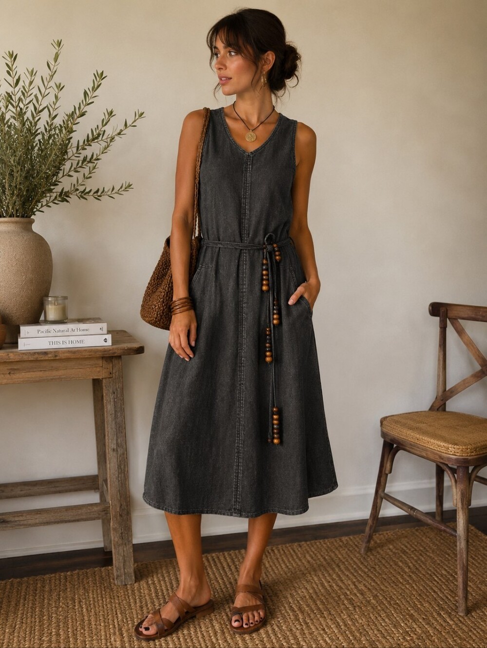 Vintage Tweeds Linen Blend Beaded Tie Midi Dress Brown Boho Minimalist Lined S